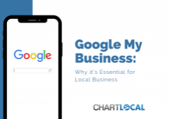 Featured image for blog post contains an image of a phone with the word "google" on the screen. The graphic also features the text "Google My Business: Why it's Essential for Local Businesses.